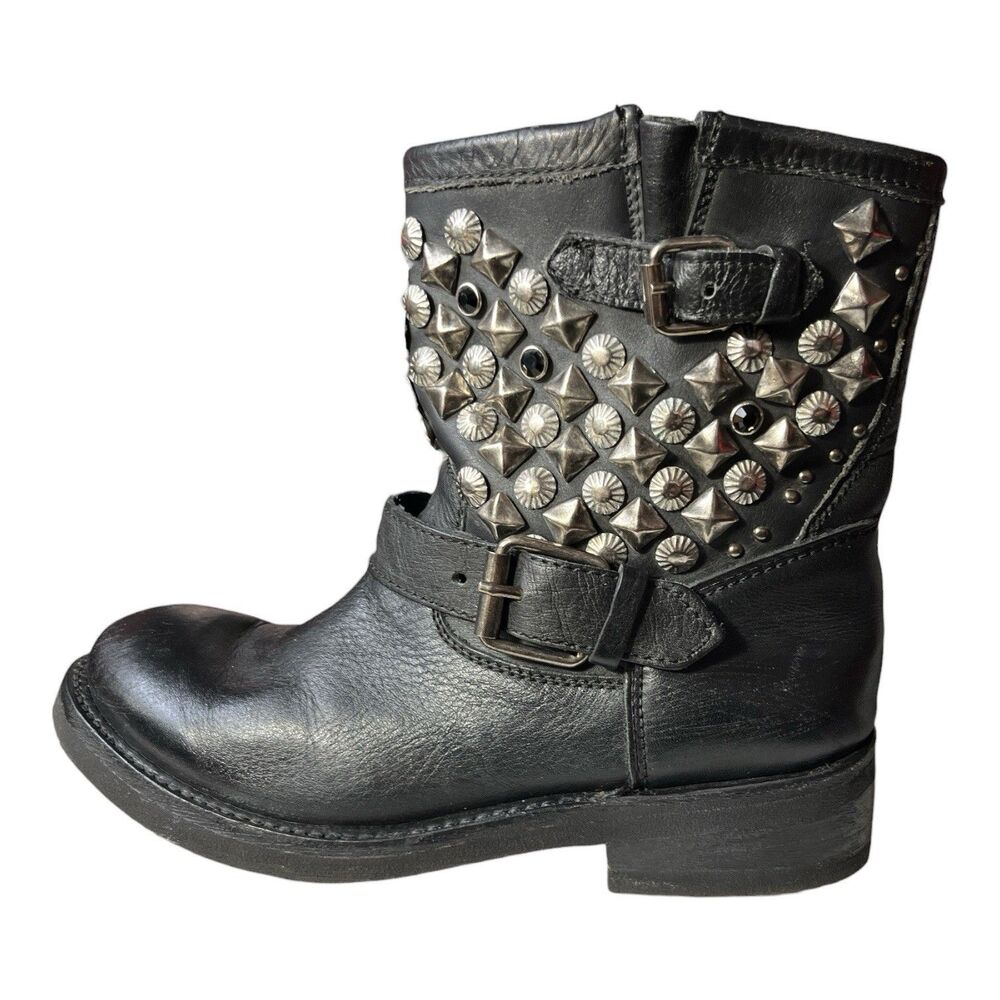 ASH Titan Womend Ankle Boots Black Leather Studded Buckle Biker Moto Size 8.5 - Picture 3 of 7